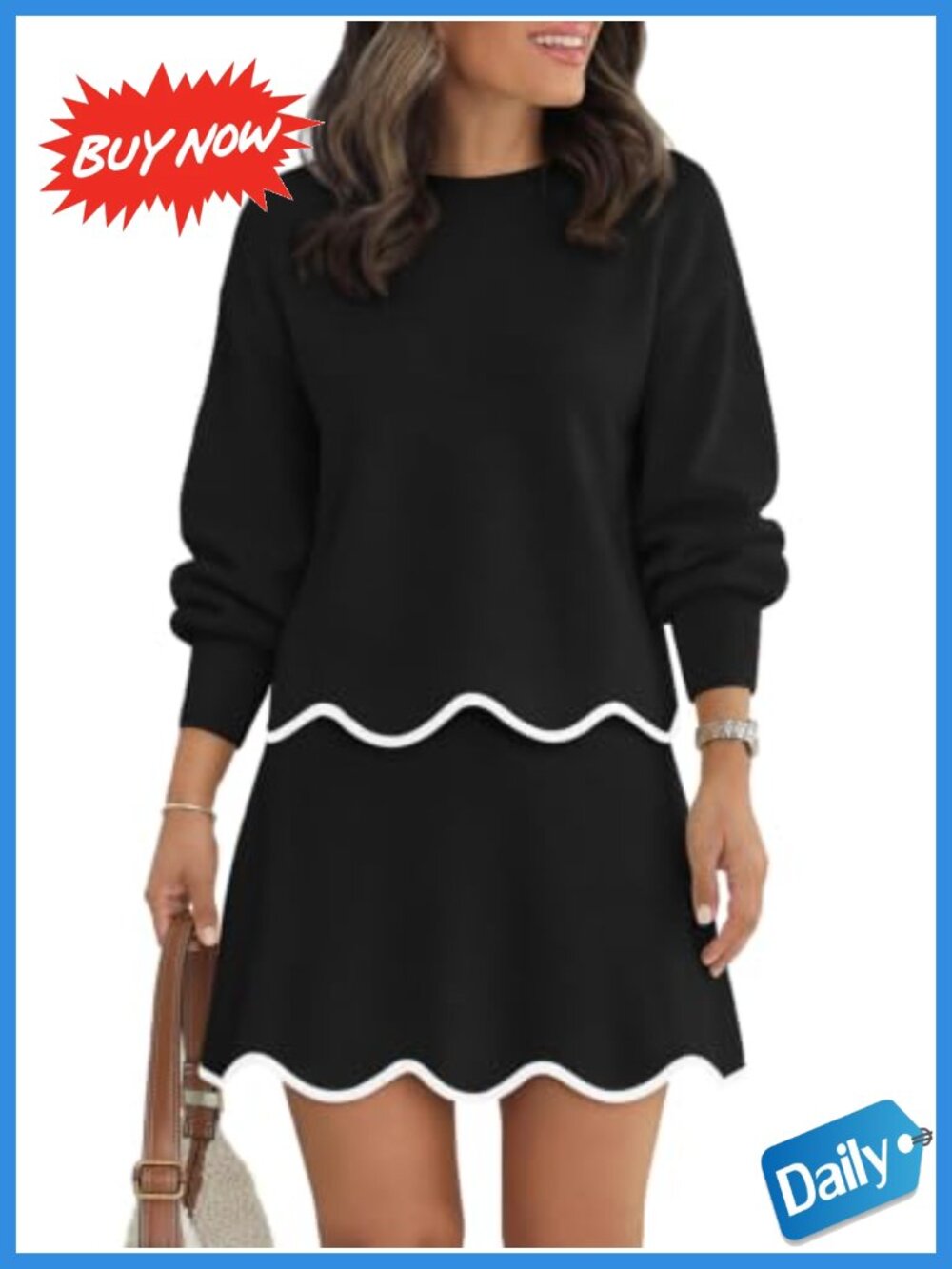 Womens 2 Piece Knit Sweater and Mini Skirt Set Scalloped Trim Casual